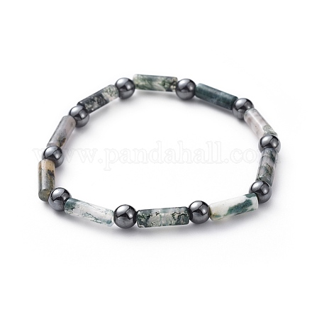 Natural Moss Agate & Non-Magnetic Synthetic Hematite Beads Stretch Bracelets BJEW-JB04691-01-1