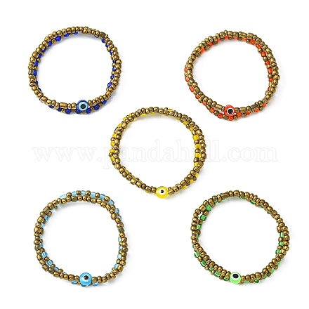 Set di braccialetti elasticizzati con perline in resina da 2 pz. 2 semi di vetro in stile e malocchio da donna BJEW-JB09604-1