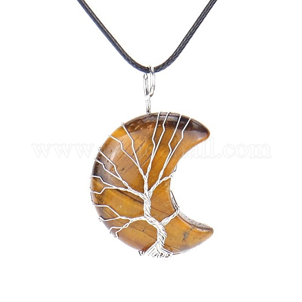 Natural Tiger Eye Crescent Moon Pendant Necklaces PW-WG70010-08-1