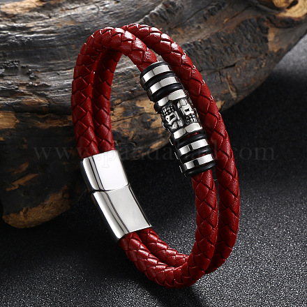 Bracelet multi-rangs double couche en cuir perlé tête de mort en acier inoxydable SKUL-PW0004-26A-02-1
