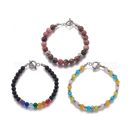 Bracelets de perles rondes en pierres précieuses naturelles/synthétiques/oeil de chat BJEW-L648-06-1