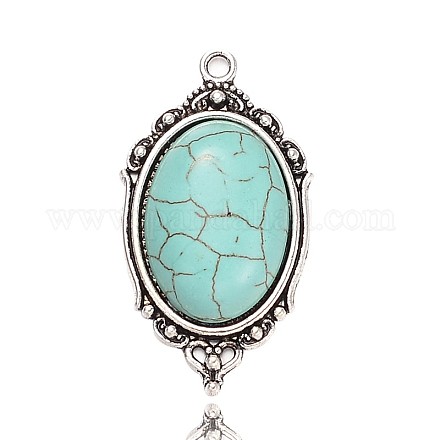 Antique Silver Plated Alloy Synthetic Turquoise Oval Pendants PALLOY-J544-02AAS-1