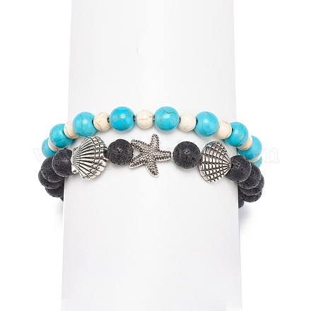 2Pcs 2 Style Natural Lava Rock & Synthetic Turquoise Round Beaded Stretch Bracelets Set BJEW-JB08585-1