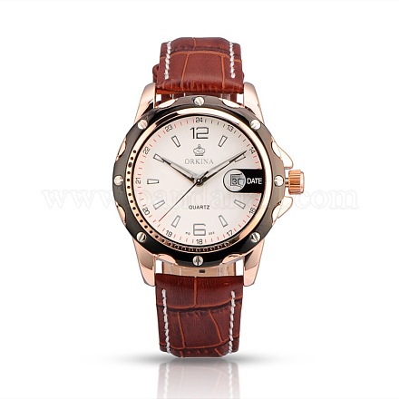 高品質の金のステンレス鋼製の革の腕時計をバラ  クオーツ時計  インディアンレッド  255x19~22mm  ウォッチヘッド：43x52x13mm WACH-A002-08-1
