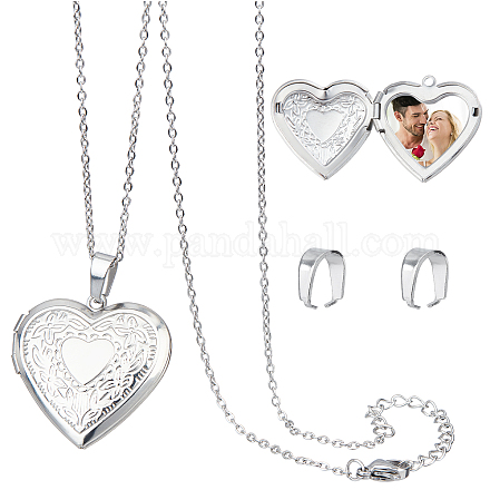 DICOSMETIC Stainless Steel Heart Carved Pattern Photo Locket Pendants Heart Shapes Pendant Necklace Set Personalized Photo Heart Styles with Chain and Snap on Bails for Charm Custom Any Photo Gift DIY-DC0001-19-1