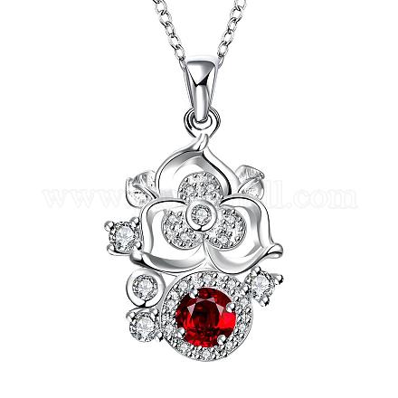 Silver Plated Brass Cubic Zirconia Flower Pendant Necklaces NJEW-BB05134-C-1