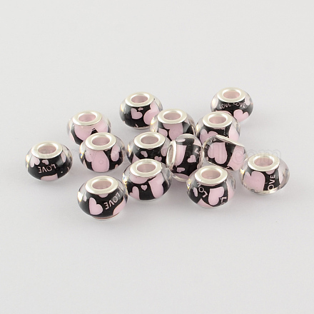 Large Hole Heart Pattern Acrylic European Beads with Silver Color Plated Brass Double Cores OPDL-R113-07C-1