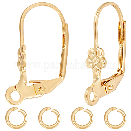 Beebeecraft 1 Box 20Pcs Leverback Earring Findings 18K Gold Plated Brass French Earring Hooks Flower Pattern Dangle Ear Wire Findings with Jump Ring for Jewellery Making STAS-BBC0003-91-1