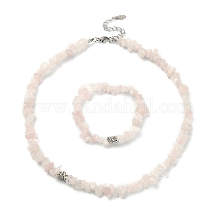 Collier de perles en quartz rose naturel et bracelet extensible SJEW-JS01281-02-1