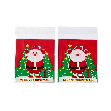 クリスマステーマのプラスチック耐熱皿バッグ  粘着式  チョコレート用  キャンディ  クッキー  正方形  レッド  130x100x0.2mm  約100個/袋 OPP-Q004-03B-1