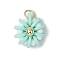 Handmade Polymer Clay & Glass Seed & Brass Pendants, Flower, with 304 Stainless Steel Jump Rings, Medium Turquoise, 15x14x6mm