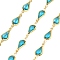Brass Glass Teardrop Link Chains, with Spool, Long-Lasting Plated, Soldered, Lead Free & Cadmium Free, Rack Plating, Real 18K Gold Plated, Deep Sky Blue, 16.5x7x2.5mm