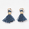Polycotton(Polyester Cotton) Tassel Pendant Decorations, Mini Tassel, with Brass Clasps & Iron Rings, Light Gold, Marine Blue, 10~15x3~4mm, Hole: 2mm