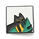 猫とモンステラの葉のエナメルピン付きスクエア  バックパックの衣類用の黒合金ブローチ  ミディアムシーグリーン  25.5x25.5x1mm JEWB-P024-B01-1