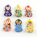 Handmade Zinc Alloy Polymer Clay Little Girl Pendants, Platinum Metal Color, Mixed Color, 27~29x14~15x3~4mm, Hole: 2~3mm