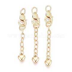 Estensore catena, maglie in ferro con ciondoli in ottone e fermagli a moschettone,  cadmio& piombo libero, cuore, vero placcato oro 18k, 63~73mm, Chiusura: 17x10x4 mm, estendere la catena: 45~55mm, anello di salto: 8x1 mm, diametro interno: 6mm
