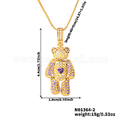 Colliers avec pendentif en forme d'ours en laiton et zircone cubique de dessin animé mignon, violet, 15.75 pouce (40 cm)