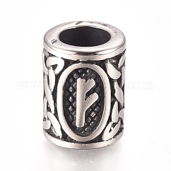 Cuentas europeas de acero inoxidable 304, Abalorios de grande agujero, columna con runas / futhark / futhor, plata antigua, 13.5x10mm, agujero: 6 mm