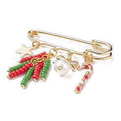 Broche épingle à nourrice en alliage avec breloques de canne en bonbon de noël et étoile et nœud papillon&nbsp;JEWB-TA00002
