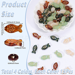 60個4色ガラスビーズ  ゴールドライン入り  魚  ミックスカラー  21.5x10.5x7mm  穴：1mm  15個/カラー&nbsp;GLAA-SC0003-46