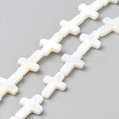 天然淡水貝クロスビーズ連売り  ホワイト  15x10x3mm  穴：0.5mm  約26個/連  15.08''（38.3センチメートル）&nbsp;BSHE-WH0015-01