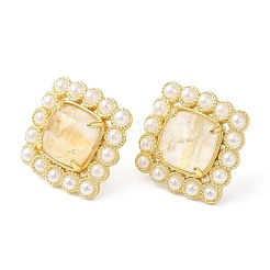 Boucles d'oreilles à tige carrées en citrine naturelle avec placage ionique (IP) et perles en plastique&nbsp;EJEW-E599-03G-03