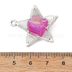 電気メッキされた天然水晶のファセットカット銅線巻きペンダント  合金のスターのチャーム  アンティークシルバー＆シルバー  ショッキングピンク  29x27x11.5mm  穴：2mm&nbsp;PALLOY-TA00443-03