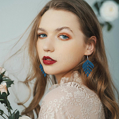 4 пара двухцветных сережек-подвесок в виде деревянных листьев EJEW-FI0001-94