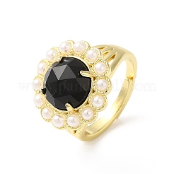 Anello regolabile con fiore di pietra preziosa mista naturale placcato ionico (ip) con perline di plastica&nbsp;RJEW-E075-02G
