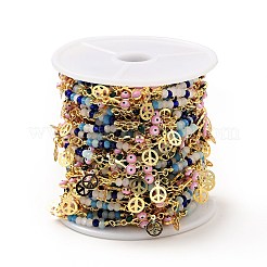 エナメル チェリーとイービル アイ リンク チェーン  本物の 18K 金メッキの真鍮製ピースサイン チャームとガラス製の丸いビーズ  鉛フリー＆カドミウムフリー  ハンダ付け  スプールで  パールピンク  11.5x7.5x3mm  25x3.5&nbsp;CHC-G017-22G-02
