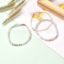 男性女性のための天然宝石ビーズ ストレッチ ブレスレット  ハート真鍮ビーズ付き  内径：2-1/8インチ（5.5cm）  3個/セット&nbsp;BJEW-JB06726