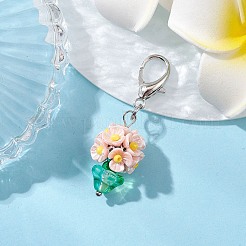樹脂とガラスビーズのペンダント装飾  合金製カニカン付き  植木鉢  ミックスカラー  40mm&nbsp;HJEW-MZ00168