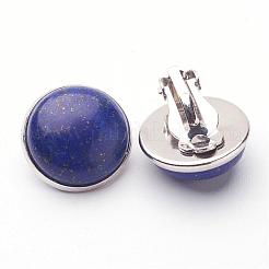 天然染色ラピスラズリ真鍮クリップオンイヤリング  フラットラウンド  プラチナ  14~15x12~13mm&nbsp;EJEW-A051-A008