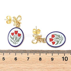 プリント入り手作り磁器製ぶら下がりピアス  ちょう結びに楕円形  女性用合金スタッドピアス  ゴールドカラー  29x14mm&nbsp;EJEW-JE07488