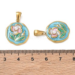 304ステンレススチールエナメルペンダント  花のお守りが付いたナゲット  ABSの模造パールと  イオンプレーティング（ip）  長持ちメッキ  ゴールドカラー  ゴールドカラー  22x18x5mm  穴：2.5x6mm&nbsp;AL-CBA618D-01G-E