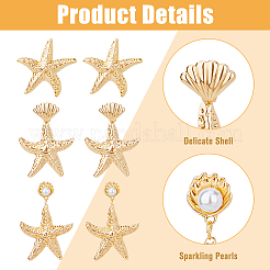 3 пара двухцветных серег-гвоздиков в форме морской звезды из сплава с пластиковыми жемчужными бусинами&nbsp;EJEW-FI0002-95