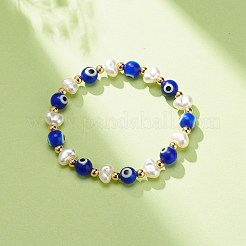 Женский эластичный браслет с лэмпворком и пластиковым жемчугом и латунью BJEW-JB08386-03