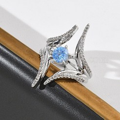 女性用真鍮マイクロパヴェキュービックジルコニアカフオープンリング  長持ちメッキ  ラックめっき  プラチナ  空色  30mm  usサイズ7 1/4(17.5mm)&nbsp;RJEW-L343-09P-02