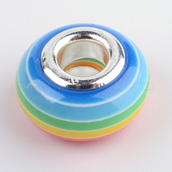 レジンヨーロピアンビーズ  大穴ビーズ  銀メッキ真鍮二重コアを持つ  ストライプ  ロンデル  ドジャーブルー  14x8~8.5mm  穴：5mm&nbsp;X1-RPDL-S003-05