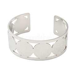 Bracelets manchettes ouverts en acier inoxydable 304 avec médaille Saint-Benoît creuse et large&nbsp;BJEW-S154-01P