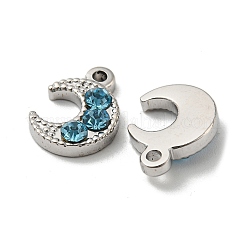 304ステンレススチールチャーム  アクアマリンラインストーン付き  三日月  ステンレス鋼色  13.5x10x3mm  穴：1.6mm&nbsp;STAS-L022-060P-02
