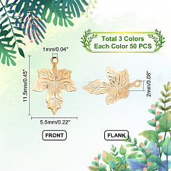 150個3色304ステンレスペンダント  カエデの葉  ミックスカラー  5.5x11.5x2mm  穴：1mm  50個/カラー&nbsp;STAS-DC0007-85