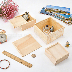スライド式の蓋付き木製収納ボックス 4個 3スタイル  正方形  湯通しアーモンド  10~15.5x10~15x5~8cm&nbsp;ODIS-FG0002-27