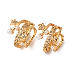 Серьги-каффы со звездой и луной из латуни с микропаве из прозрачных кубических цирконий&nbsp;EJEW-Z127-08G