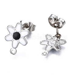 304ステンレススチールエナメルスタッドピアス金具  ピアスキャッチとカン付き  花  ホワイト  12.5x9mm  穴：1mm  ピン：0.8mm&nbsp;STAS-T052-43P-01