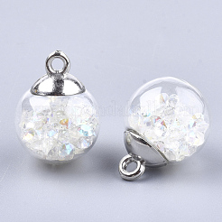 ガラスボールペンダント  ラインストーンとccbプラスチックのパーツ  ラウンド  プラチナ  クリアAB  21x15.5~16mm  穴：2mm&nbsp;X-GLAA-T003-04F