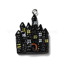 ハロウィン不透明樹脂ペンダント  プラチナトーンの鉄ループ付き  城/お化け屋敷  ブラック  31x23x5.5mm  穴：2mm&nbsp;RESI-B011-07