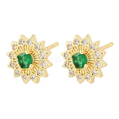 真鍮製 マイクロパヴェ キュービックジルコニア スタッドピアス 女性用  花  カドミウムフリー＆鉛フリー  長持ちメッキ  ラックめっき  18KGP本金メッキ  グリーン  9mm&nbsp;KK-A305-04G-03