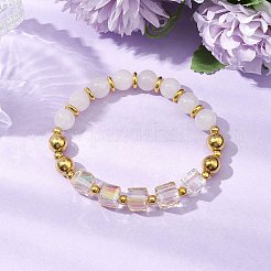 Pulseras elásticas redondas de jade blanco natural y cuentas de vidrio cúbicas para mujer&nbsp;BJEW-JB11052