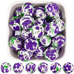 30 pièce de perles focales en silicone rondes imprimées avec un motif floral&nbsp;SIL-SC0002-84J